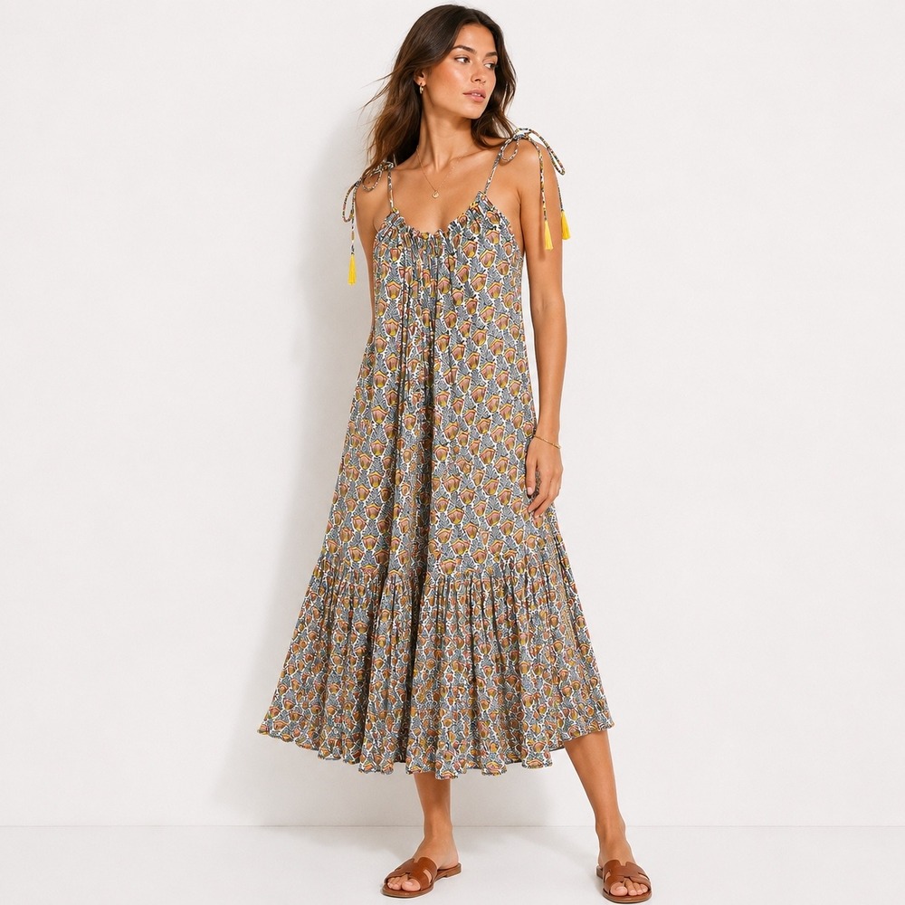 Natalie Martin Melanie Midi Dress Womens XS Floral Tassel Tie Boho Resort Chic